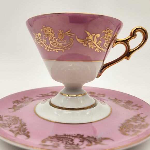 Royal Halsey Vintage Lusterware Pedestal Rose Tea Cup And Saucer Pink Gold‎ - Picture 7 of 9